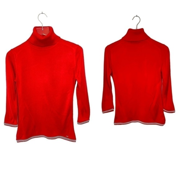 Tommy Hilfiger Bright Red Turtleneck Sweater Navy/White Accents Metal Logo Sz XS - Picture 1 of 14